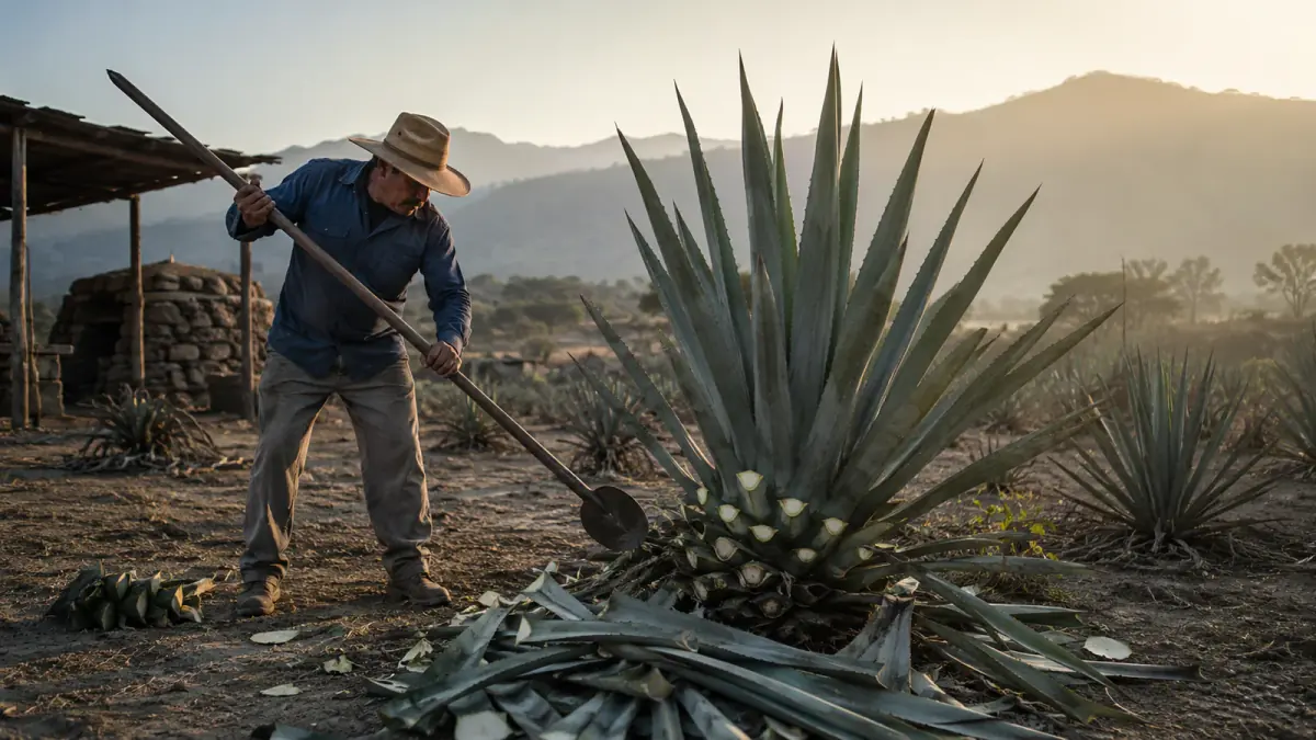 Jimador cosechando un agave maduro en Oaxaca